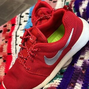 Nike Red Mesh Sneakers with Silver Swoosh and Neon Green Insole